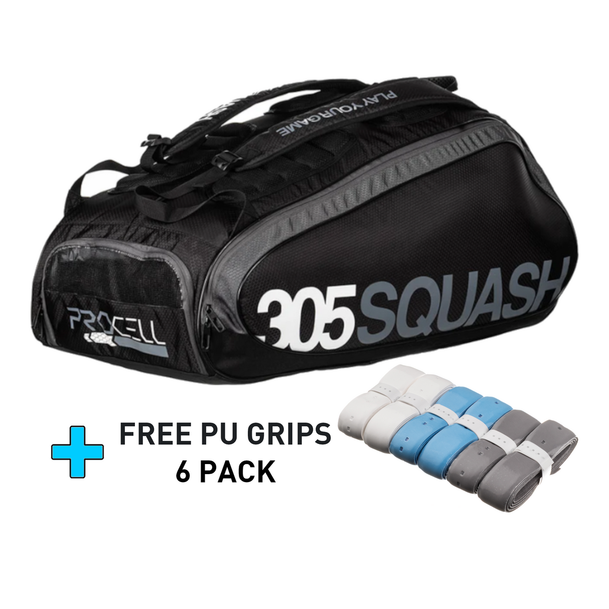 305SQUASH ProCell Tour Racket Bag + 6 Pack Grips